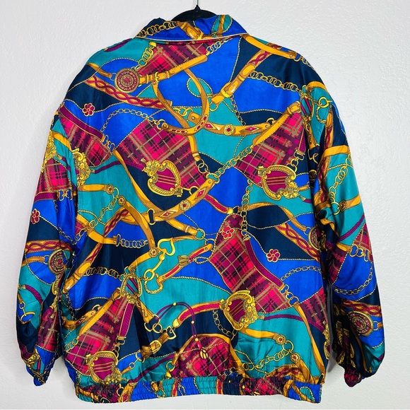 Vintage 90s silk Avon chain print windbreaker jacket zip up sz L - Picture 3 of 5